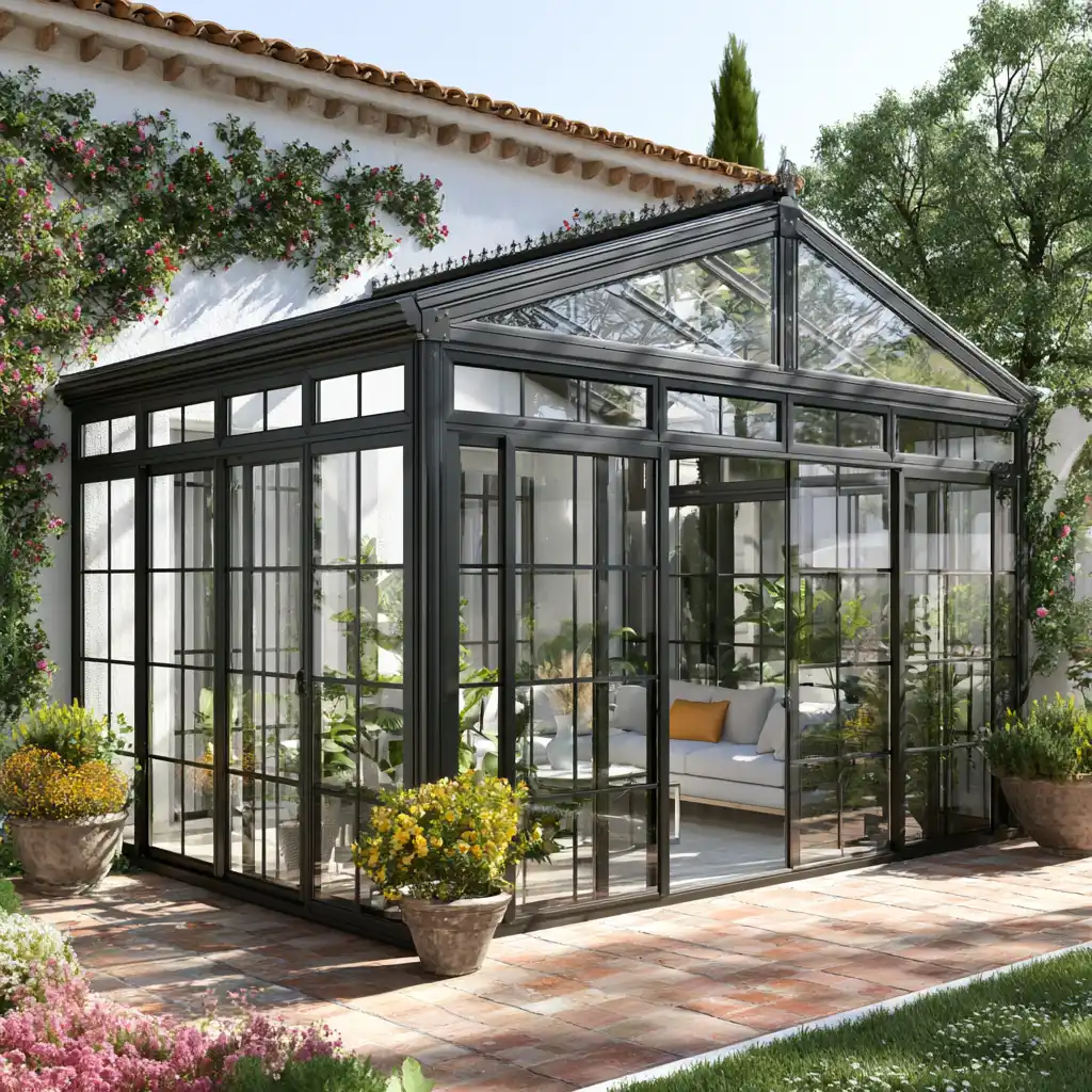 Cerramiento acristalado de aluminio instalado en el jardín de una vivienda de Jaén