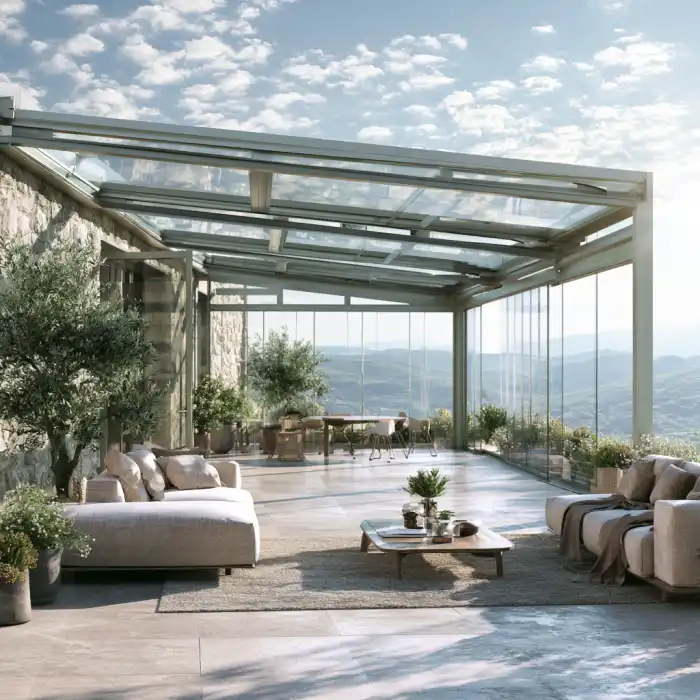 Terraza cerrada con techo de cristal y vistas a la sierra de Jaén