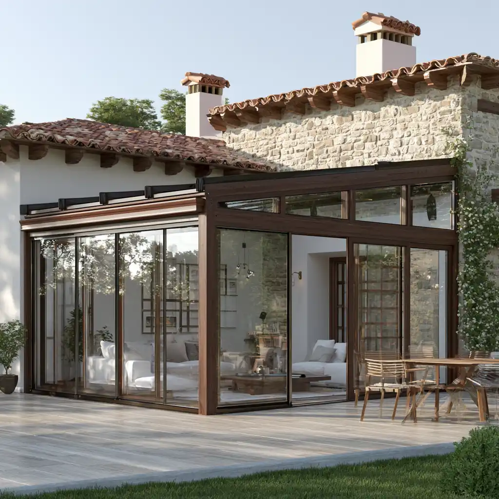 Patio de una casa de piedra en Jaén cerrado con galería acristalada de madera